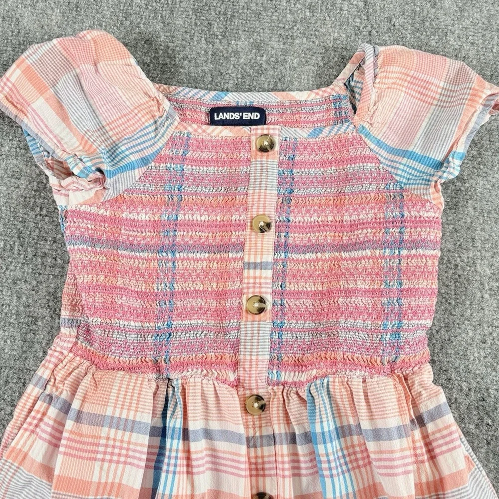Lands' End Dress Girls 8 Pink Plaid Smocked Cottagecore Boho‎ Fairy Pockets